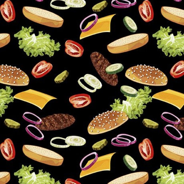 Backyard BBQ  Burger Fixins Fabric / Foodie Summer Yardage / BBQ Picnic Barbeque Cookout Food Fabric / QT Yardage & Fat Quarters