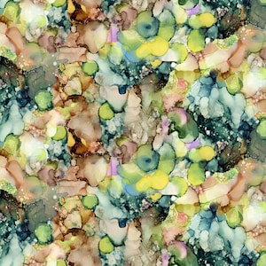 Tecidos abstratos com mistura verde e marrom, fundamentos básicos em tons e texturas da Alcohol Inks da Clothworks / Yardage and & Quarters