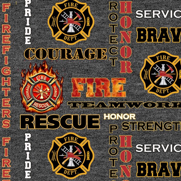 Fire Fighter Military Fabric / Sykel 1181-FF Military Quilt Fabric / Firefighter Rescue Fire Dept Badge Words By The Yard and  Fat Quarters
