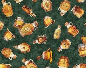 Tissu Abeille / Bouteilles de miel vert forêt Collection Queen Bee par Quilting Treasures Fabrics Taille des abeilles Quiltings de graisse d'abeille