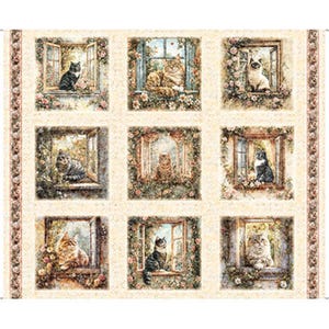 May include: A fabric panel featuring a grid of nine square illustrations, each depicting a different cat sitting in an open window surrounded by flowers. The background is a light cream color with a decorative floral border on the left and right sides.