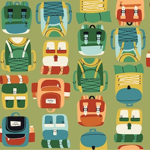 Camping Fabric, Camping Crew - Backpacks - Fern Fabric from RJR Fabrics, Yardage and Fat Quarters available