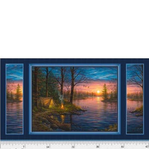 Window Camping Lake View 24&quot; Panel  Autumn Retreat by P&B Textiles  / Nature Walk Fall Scene Quilt Fabric Camping, Lake Quilt Fabric Panel