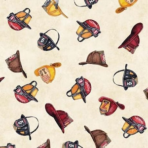 Fire Fighter Hats on Ecru Fabric, American Heroes Firemen Fabric Fabric by Quilting Treasures Cotton Yardage, Fat Quarters