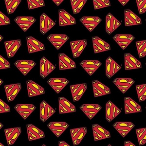 May include: A black background with a repeating pattern of red and yellow Superman logos.