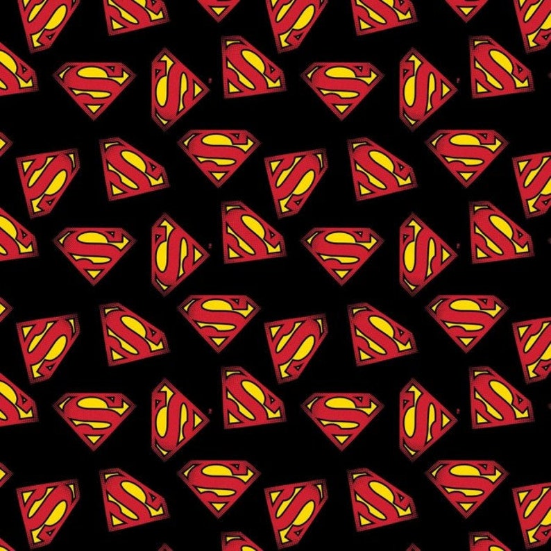 May include: A black background with a repeating pattern of red and yellow Superman logos.