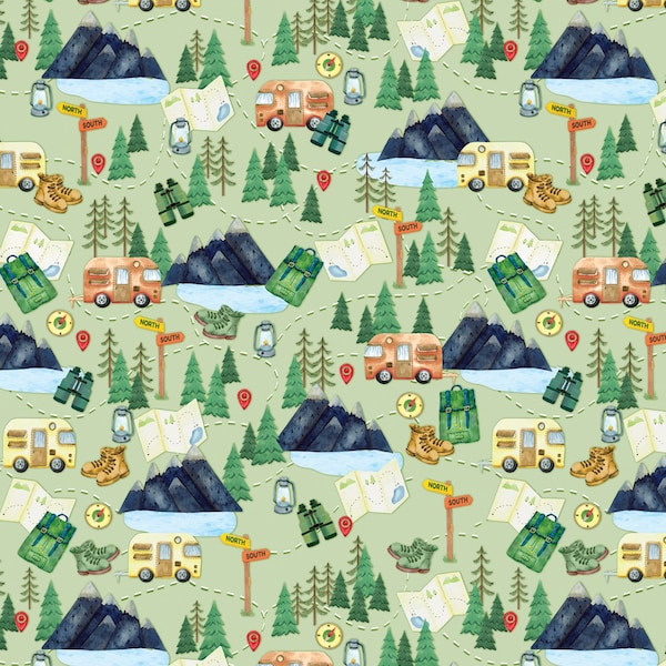 Camping Fabric, Live Love Camp Camping Adventure on Green Fabric by Kanvas Studio Fabric Yardage and Fat Quarters