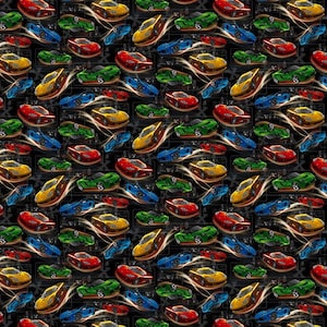 Fast and Wild  Speeding Cars on Black Fabric / Race Car Fabric by the Yard from Studio-E / Cotton Material Yardage & Fat Quarters