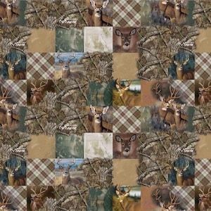 May include: A fabric pattern featuring a repeating patchwork design of deer heads, forest camouflage, and brown, green, and white plaid squares. The print includes the text RealTree APX throughout the design, showcasing various buck portraits.
