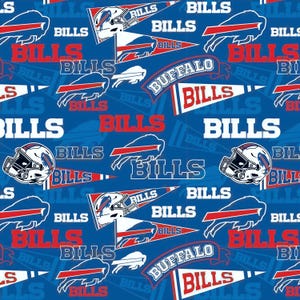 a repeating pattern of the word "BILLS" in various sizes and orientations, along with images of buffalo helmets and the buffalo buffalo logo.