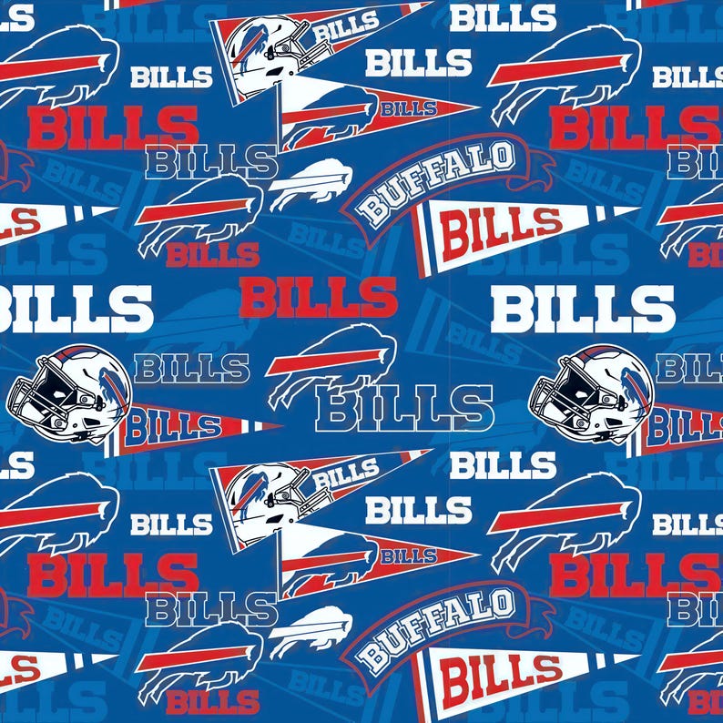 a repeating pattern of the word "BILLS" in various sizes and orientations, along with images of buffalo helmets and the buffalo buffalo logo.