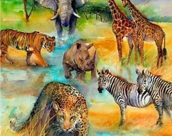 May include: A watercolor painting depicting a vibrant African savanna scene with a gray elephant, two brown-spotted giraffes, an orange and black striped tiger, a gray rhinoceros, a spotted leopard, and two black and white striped zebras.