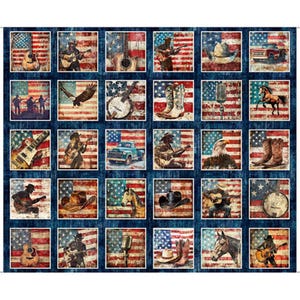 May include: A fabric panel featuring a grid of thirty square images with a distressed American flag background. The squares depict various Americana icons including acoustic guitars, cowboy boots, eagles, horses, microphones, and vintage trucks.