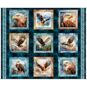 Puede incluir: Un panel de tela con una cuadrícula de nueve ilustraciones cuadradas de águilas calvas en varias posturas, volando o posadas, sobre un fondo azul verdoso oscuro con bordes verticales decorativos en los lados izquierdo y derecho.