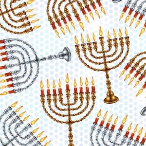 Hanukkah Fabric - Menorahs on White Fabric, Hanukkah Festival Collection by QT Fabrics, Hanukkah Material Yardage & Fat Quarters