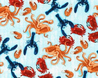 Coastal Catch Crab and Lobster Fabric / Crabs & Lobsters Fabric / Robert Kaufman 73420 Yardage / Seafood By The Yard and Fat Quarter