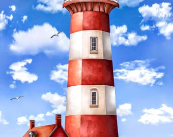Lighthouse Quilt Panel: Beacon of Life Coastal Print (24x43 Inches) by Timeless Treasures