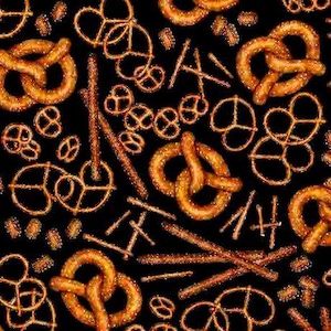 Pretzels on Black Fabric Brewmaster Fabric by Dan Morris For QT Fabrics / Beer Quilt Fabric Yardage and Fat Quarters available