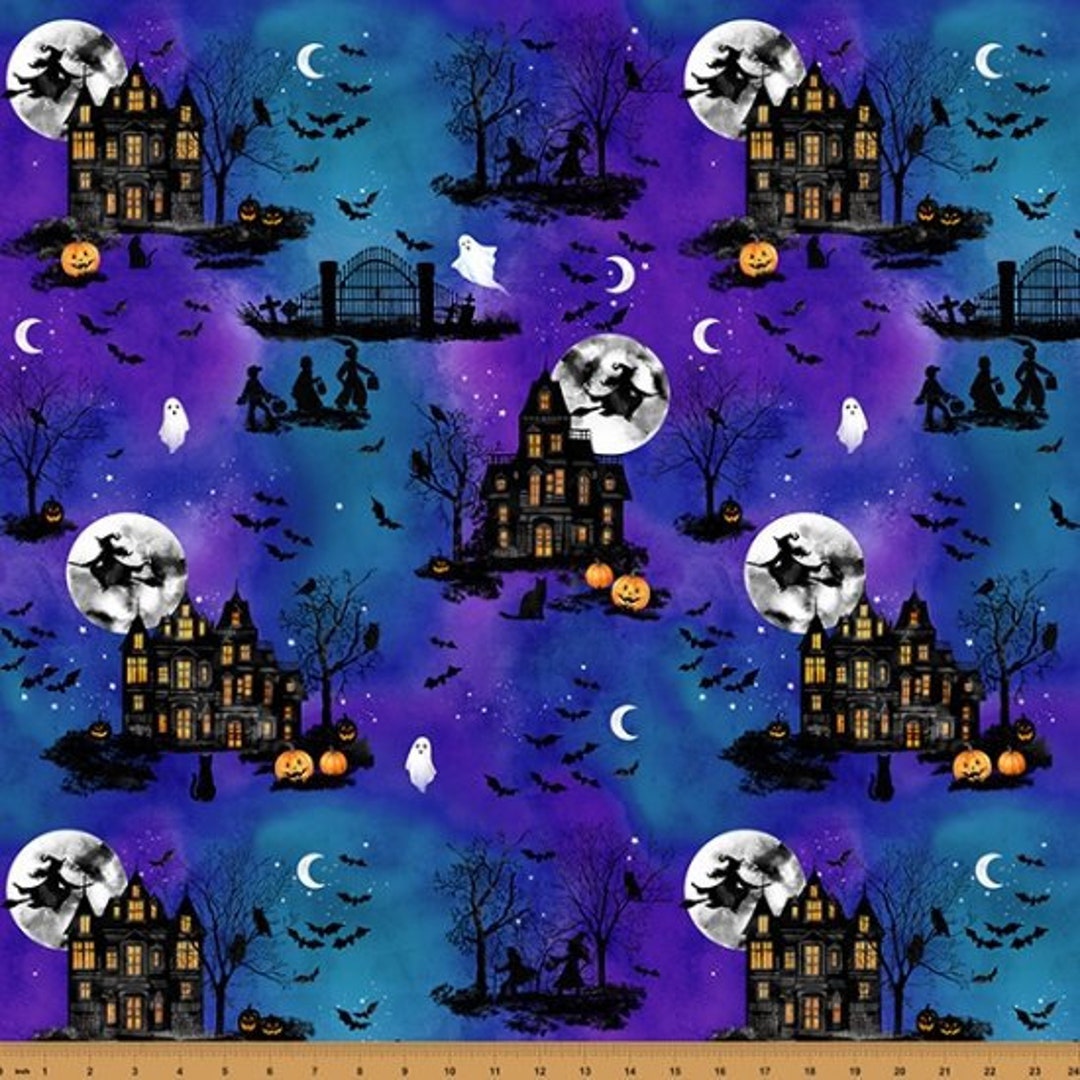 Halloween Haunted Houses on Purple Fabric by the Yard / Hoffman ...
