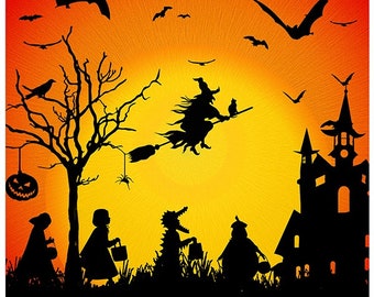Hexe auf Besen Halloween Stoffpanel / Süßes oder Saures mit Hexe auf Orange / Mitternachtsfahrt / Digital gedrucktes 43x44 inch Halloween Panel