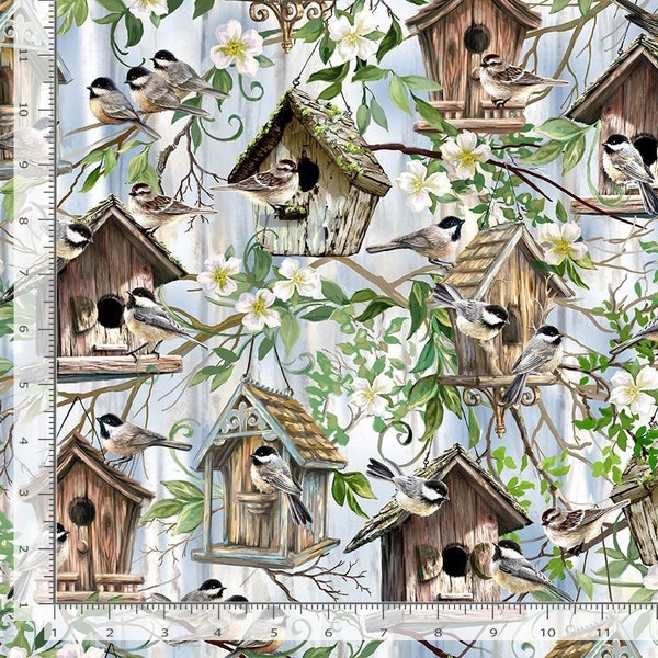 Chickadee Birdhouse in Tree Branches Fabric by the Yard from Timeless Treasures, Yardage and Fat Quarters available