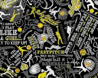Softball Fabric by the yard / Girl's Softball Text Words  Black Fabric by Timeless Treasures / Sports Fabric Fat Quarters and Yardage