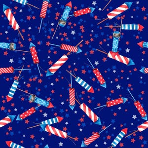 Pode incluir: Um padrão sem costura com fogos de artifício vermelhos, brancos e azuis sobre um fundo azul escuro. Os fogos de artifício estão dispostos em um padrão aleatório e são cercados por estrelas brancas.
