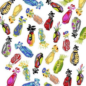 Golf Fabric / Golf Happy, You Go Girl Golf Bags on White Fat Quarters, Yardage / Loralie 692-371