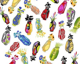 Golf Fabric / Golf Happy, You Go Girl Golf Bags on White Fat Quarters, Yardage / Loralie 692-371