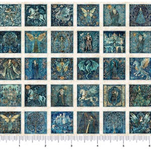 May include: A fabric panel featuring a grid of thirty square illustrations in shades of blue, gold, and cream, depicting fantasy figures, dragons, and castles. A white ruler at the bottom shows a width of six inches for the printed design.