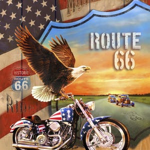 Route 66 Freiheit Motorrad 36"Panel Nostalgischer American Biker Stoff Panel von David Textiles Stoff / Stoff zum Nähen & Quilten