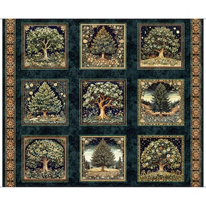 May include: A dark green fabric panel featuring a grid of nine square illustrations of various trees, including deciduous and coniferous types, surrounded by floral details and framed by decorative vertical borders with an orange pattern.