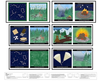 May include: A multi-page children's book titled The Great Outdoors featuring illustrated scenes of camping, forest animals, constellations, s'mores, and flashlights. The pages include text captions describing outdoor activities and nature themes.