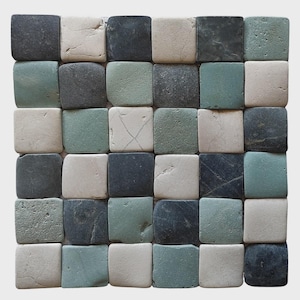 May include: A square mosaic tile pattern composed of various shades of green, gray, and off-white square tiles. The tiles have a natural, textured appearance, with slight variations in color and surface detail. The arrangement creates a visually interesting, geometric design.