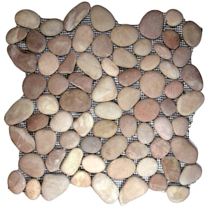 May include: A mosaic tile sheet composed of smooth, rounded river stones in shades of beige, brown, and pink. The stones are arranged on a black mesh backing, creating a natural and textured surface. Ideal for bathroom or kitchen decor.