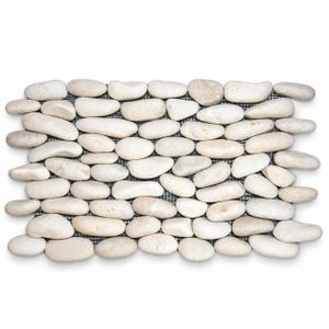 May include: A rectangular tile mat composed of numerous smooth, rounded white and off-white river stones arranged in a tight, interlocking pattern. The individual stones are secured to a dark mesh backing, creating a textured surface.