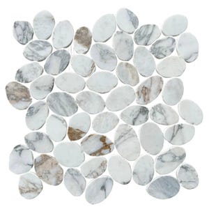 May include: A mosaic tile pattern composed of smooth, oval-shaped stones. The stones are primarily white with gray and brown veining, creating a natural, textured appearance. The arrangement is suitable for various design applications.