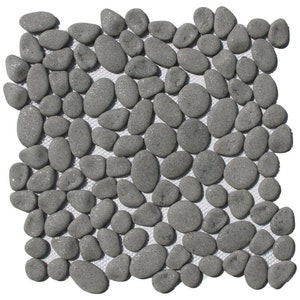 May include: A square mosaic tile composed of numerous gray, rounded pebbles. The pebbles vary in size and shape, with a slightly textured surface. The mosaic is set on a white mesh backing, creating a natural stone look.