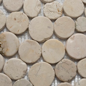 May include: Close-up of a mosaic tile sheet featuring numerous, light beige, circular stones. The stones are arranged closely together on a white mesh backing. The stones have natural variations in color and texture.