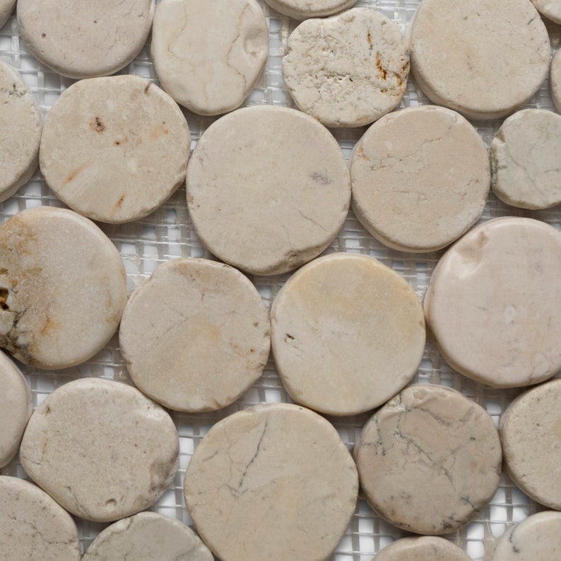 May include: Close-up of a mosaic tile sheet featuring numerous, light beige, circular stones. The stones are arranged closely together on a white mesh backing. The stones have natural variations in color and texture.