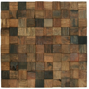 May include: A mosaic of small, square wooden blocks in varying shades of brown, from light tan to deep, dark brown. The blocks are arranged in a grid pattern, creating a textured surface. The wood grain is visible on each block.