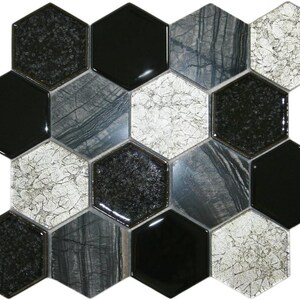 May include: A mosaic tile pattern featuring a mix of hexagonal tiles in various textures and colors. The design includes glossy black, speckled black, marble-like gray, and crackled white tiles, creating a modern and stylish look.