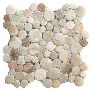 May include: A sheet of beige and brown round stone tile mosaic. The tiles are arranged in a random pattern and are set on a mesh backing.