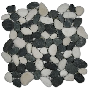 CNK Tile Black and White Pebble Tile Natural River Rock Flooring Shower Floor Tile Bathroom Tile Mesh Sheet Spa Style Decor - 12&quot; X 12&quot;
