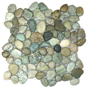 May include: A sheet of green, brown, and gray river rocks arranged in a mosaic pattern on a mesh backing.