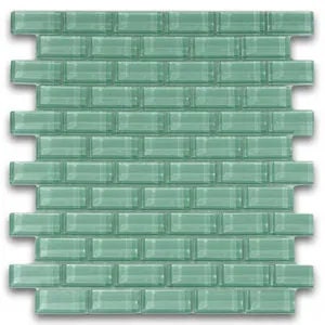 May include: Green glass mosaic tiles in a brick pattern. Each tile has a subtle textured surface.