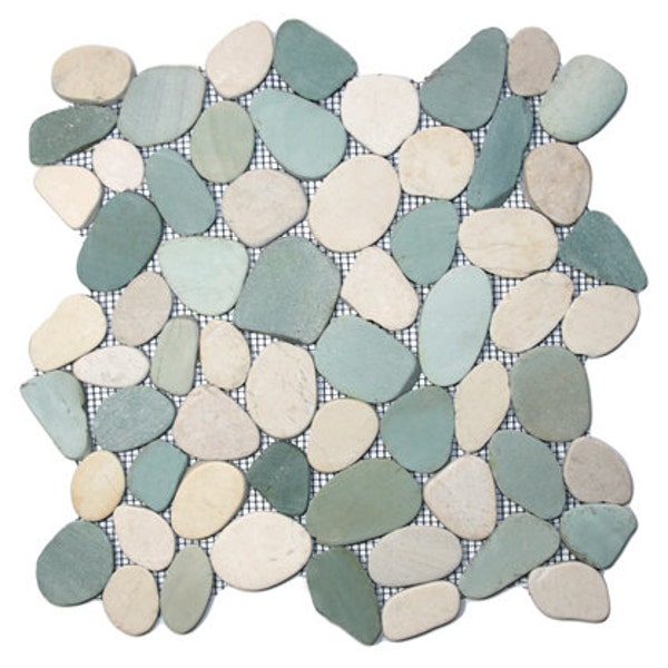 Hand Made Pebble Tile - Sliced Sea Green and White 1 sq. ft. - Use for Mosaics, Showers, Flooring, Backsplashes and More!