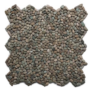 May include: A close-up of a mosaic tile made of small, smooth, natural stones in shades of brown, gray, and green. The stones are arranged in a random pattern and are set in a white mortar.