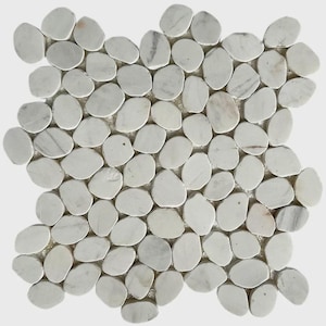 May include: A square mosaic tile composed of numerous smooth, oval-shaped, light gray river stones. The stones are arranged closely together, with subtle variations in color and veining, creating a natural, textured surface. Ideal for bathroom or kitchen decor.