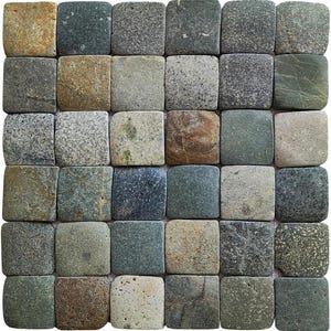 May include: A square mosaic tile sheet composed of thirty-six individual square stones in various shades of green, gray, brown, and tan. Each stone features a unique natural texture, speckled patterns, and weathered surfaces arranged in a grid.